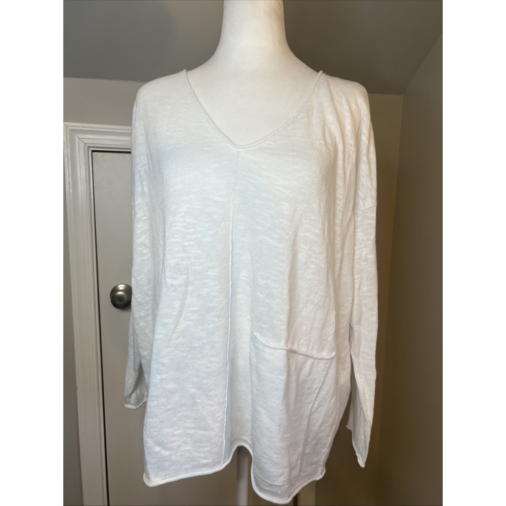Eileen Fisher White Organic Linen Cotton V-Neck Oversized Pocket Sweater Small